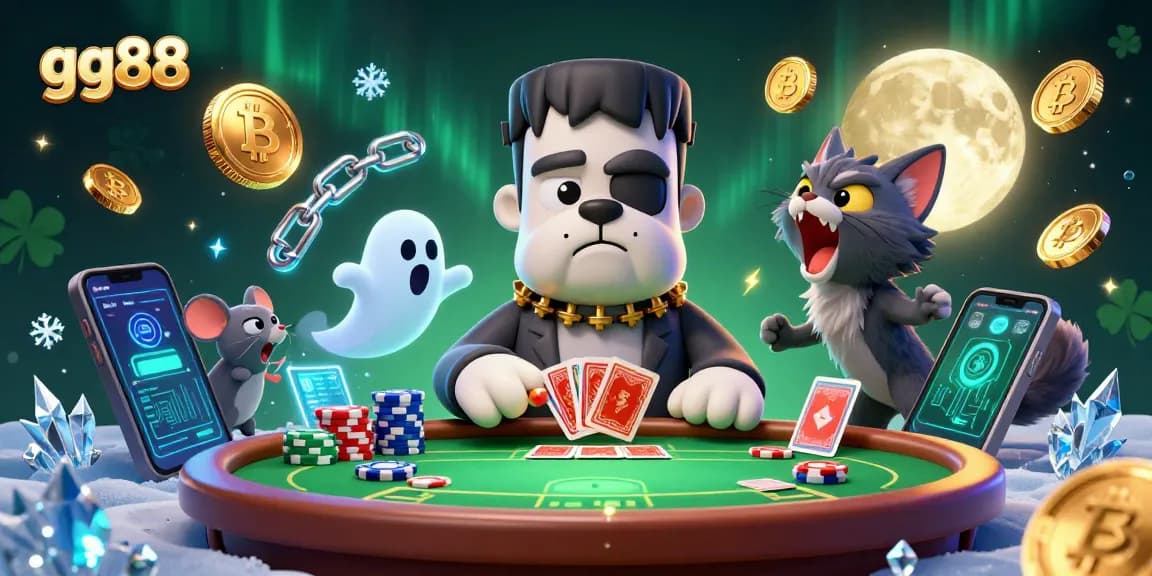 gg88 cartoon character dealing poker cards with Bitcoin, Ethereum, and a spooky atmosphere