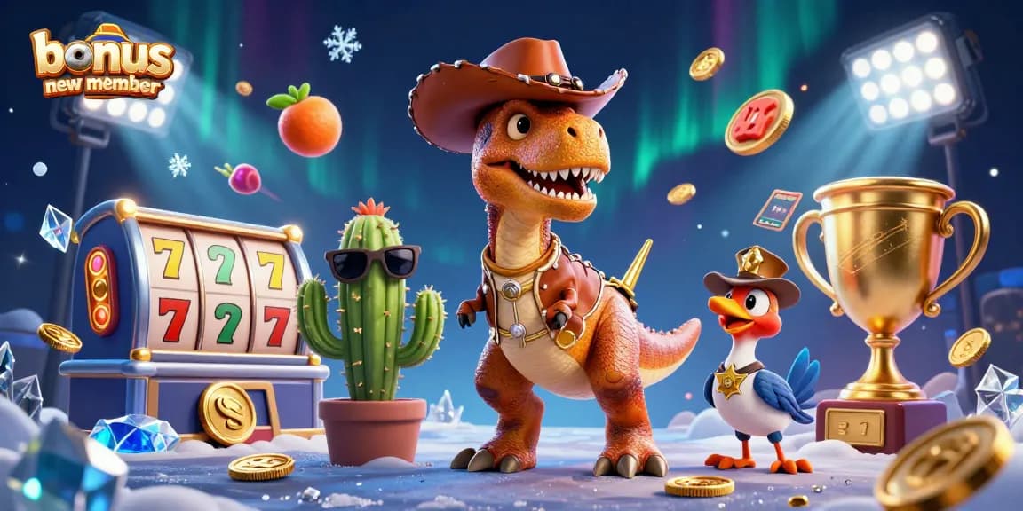 Sign up for a bonus new member offer, featuring a dynamic 3D cartoon scene with casino elements and characters.