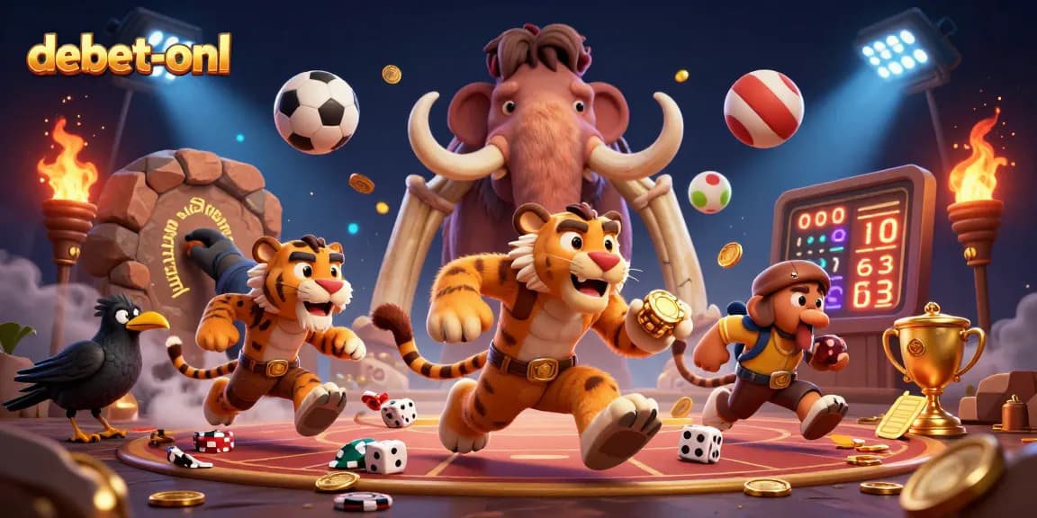 Experience debet-onl with a vibrant prehistoric casino scene featuring engaging characters and dynamic elements.