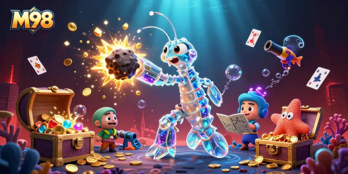 M98 delivers thrilling underwater adventure with galactic samurai shrimp engaging in epic treasure hunt.