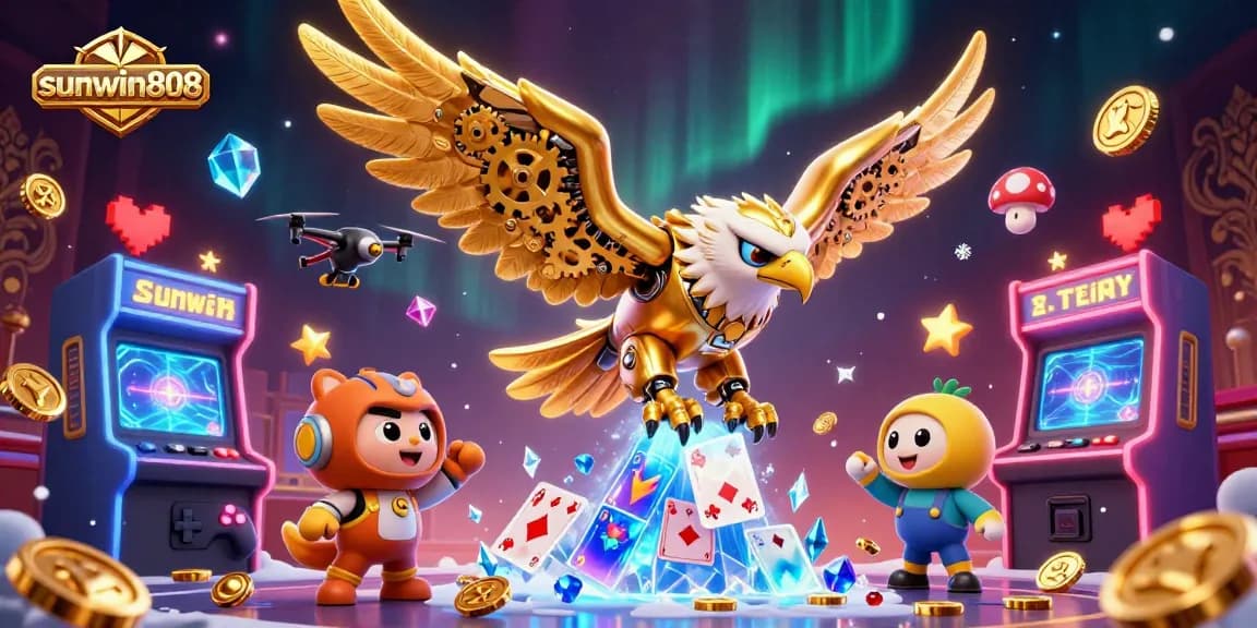 Experience thrilling gaming action with sunwin808 as a golden eagle soars through holographic cards in a vibrant casino world.
