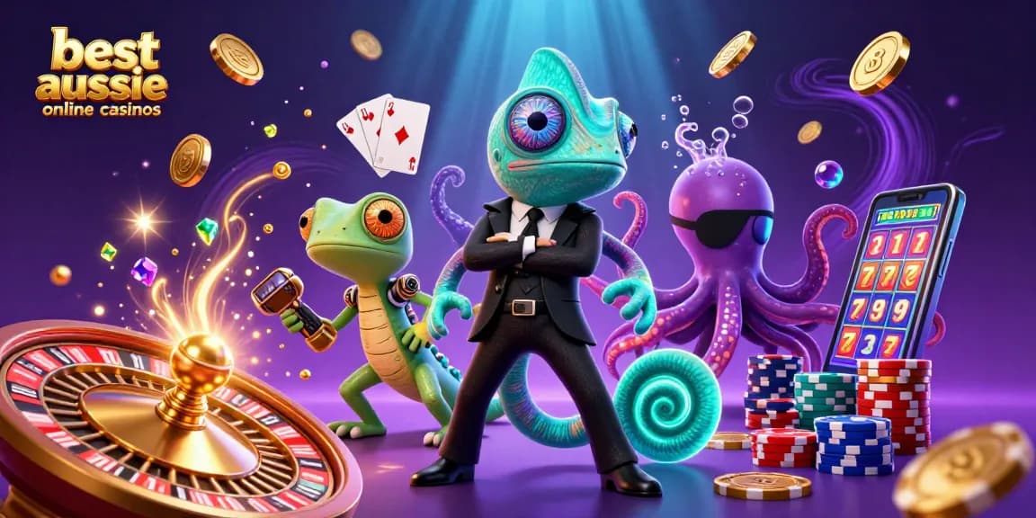 Experience the best aussie online casinos with a colorful 3D illustration of dynamic characters among casino elements.