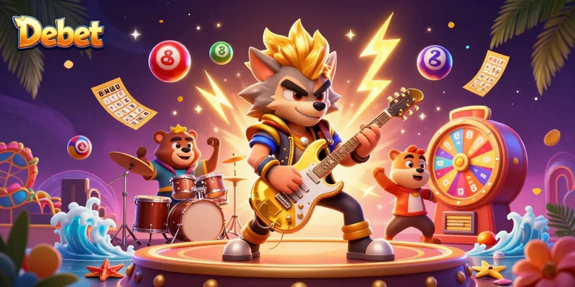 Engage with Debet’s colorful and vibrant online gaming scene featuring a cartoon rock star and drummer.