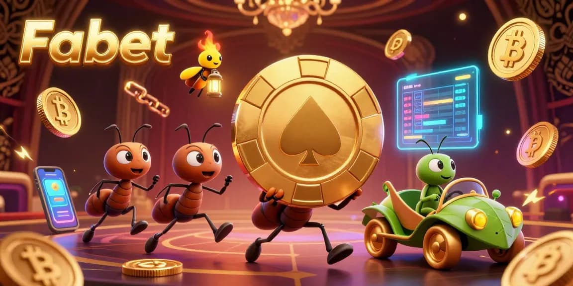 Fabet's vibrant 3D scene of ants making a grand poker chip heist in a lively casino tunnel with crypto elements.