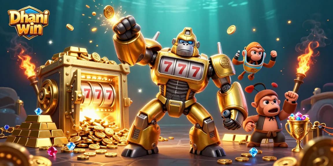 Dhani win platform showcasing thrilling gameplay with a powerful gorilla mech and treasures.