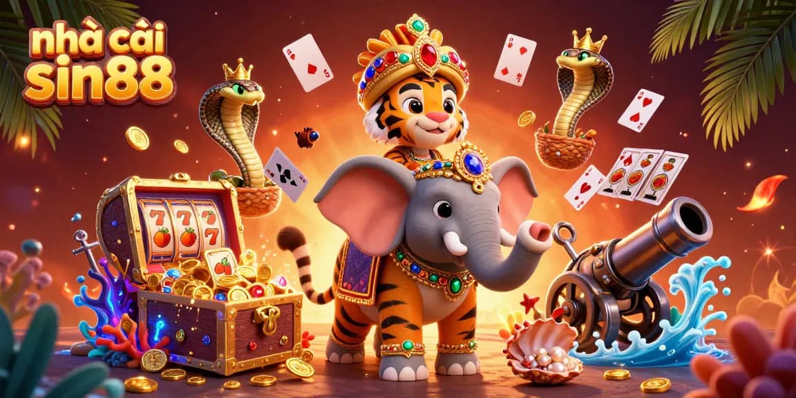 Play exciting games at nhà cái sin88 with vibrant casino illustrations featuring slot reels and lucky symbols.