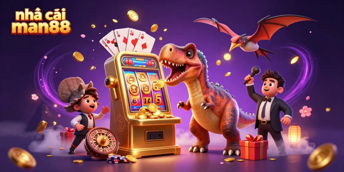 Experience the excitement at nhà cái man88 with cartoon dinosaurs in a flashy casino scene.