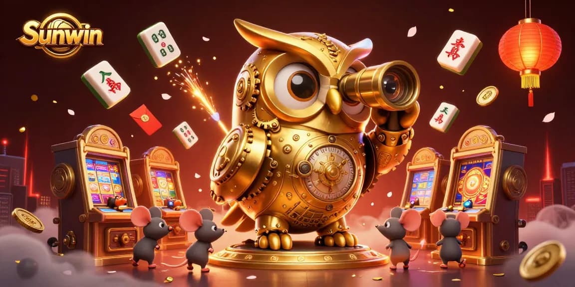 Experience the excitement of Sunwin as the golden owl observes casino action with whimsical elements.