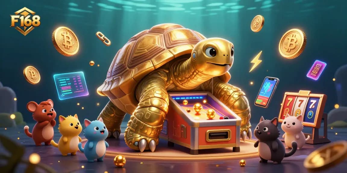 Engage with F168 in an exciting casino atmosphere featuring a golden tortoise pinball machine and vibrant crypto elements.