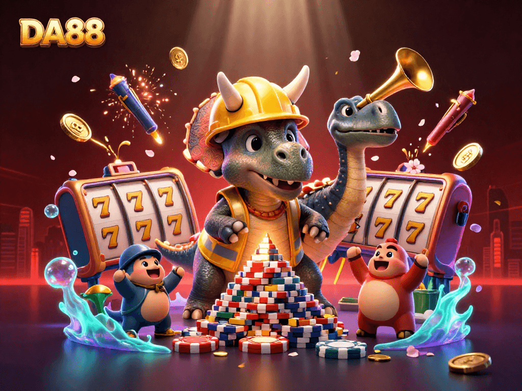 Experience the thrilling DA88 casino with lively characters celebrating wins amid vibrant décor.