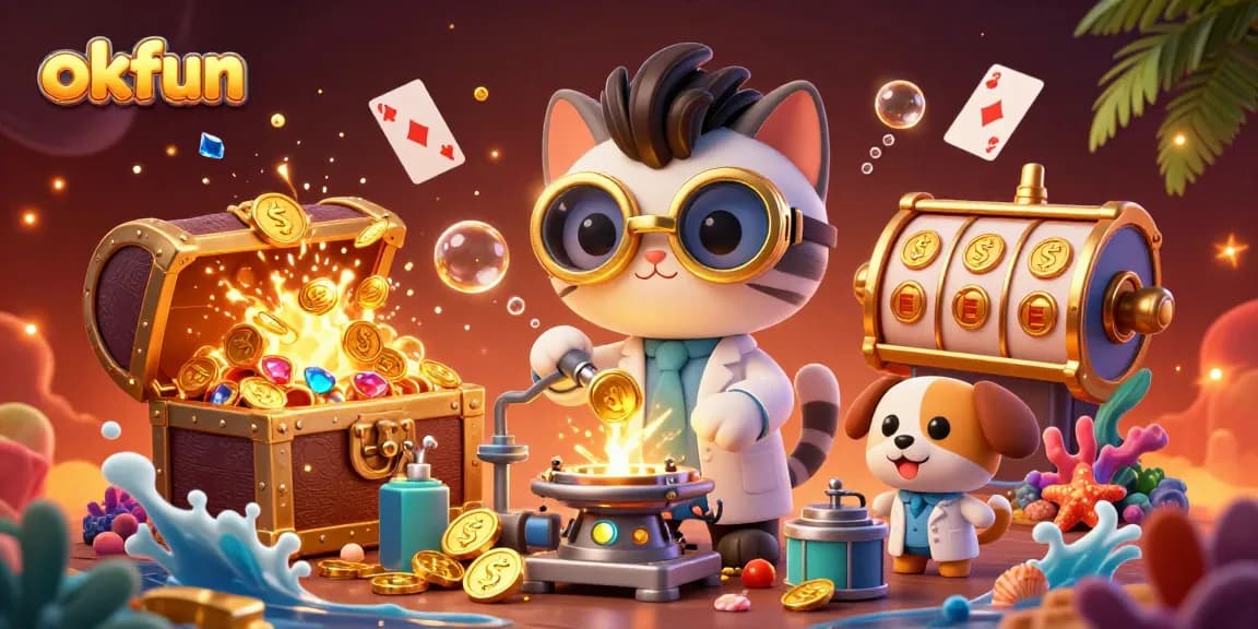 Engage with the thrilling world of okfun as a mad scientist cat crafts gold coins amidst a vibrant casino scene.