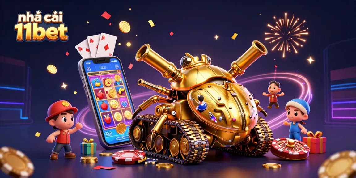 Experience the excitement of nhà cái 11bet with a vibrant casino in a golden beetle tank illustration.