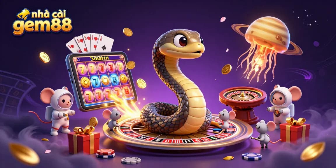 The vibrant scene shows nhà cái gem88 characters in a galaxy-themed casino environment, featuring astronauts and a cosmic dealer.