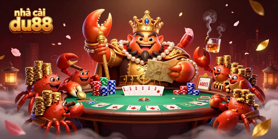 Engage with the vibrant and dynamic gaming scene of nhà cái du88 featuring a golden crab emperor ruling over poker excitement.