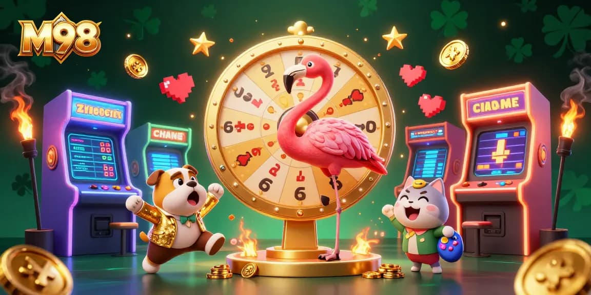 Spin the giant prize wheel at M98 and win exciting prizes in this vibrant casino scene.