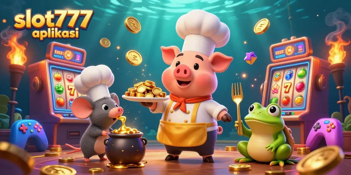 Experience slot777 aplikasi with a vibrant 3D casino scene featuring animated characters and slot machines.