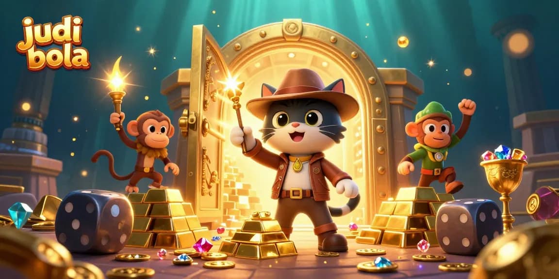 Engage in judi bola with strategic betting illustrated by an explorer cat finding treasure amidst golden artifacts.