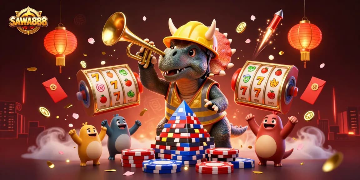 SAWA888 showcases a vibrant 3D illustration of engaging gaming elements and characters celebrating wins.