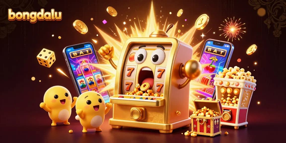 Witness bongdalu's golden slot machine hitting a jackpot with coins spilling out. Experience the excitement!