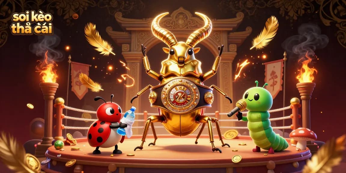 Engage with the thrilling soi kèo nhà cái showdown between boxing beetles amidst an animated casino scene.