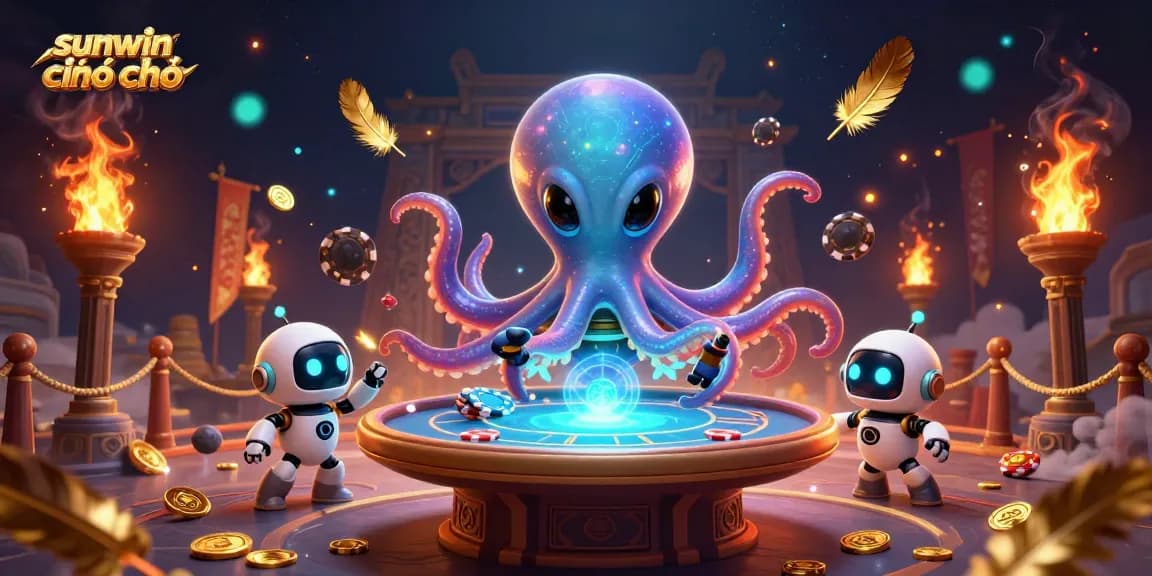 Engage with sunwin chính chủ as a 3D cartoon alien octopus plays poker amidst vivid casino elements.