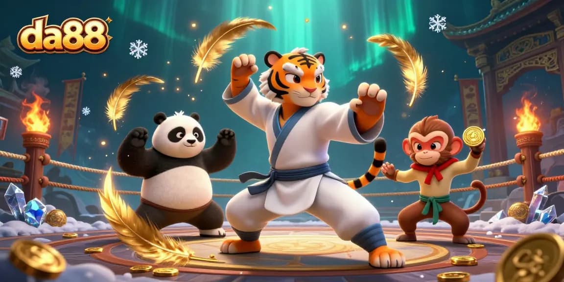 Experience the excitement of da88 through vibrant 3D illustration showcasing a kung fu tiger amid casino elements.