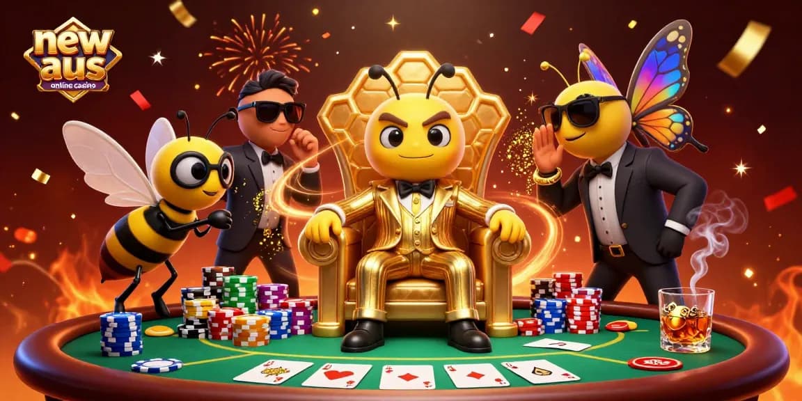 Experience the thrill of new aus online casino with a dynamic scene featuring gambling icons.