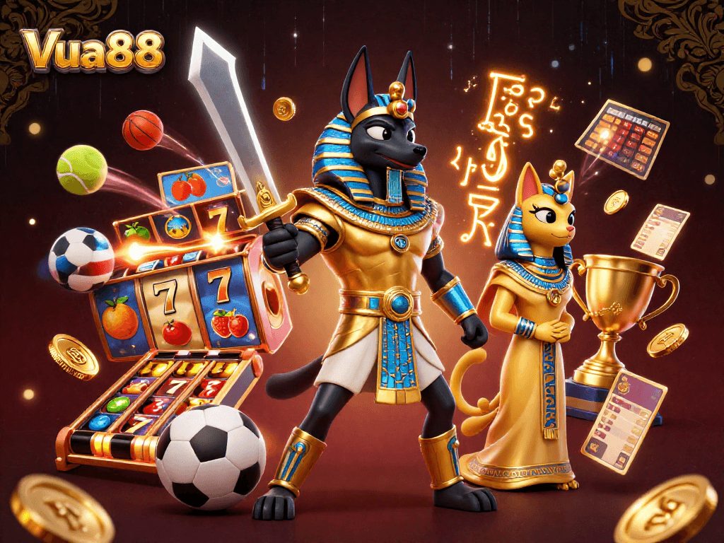 Experience thrilling gameplay at Vua88 with dynamic slot reels and captivating casino elements.