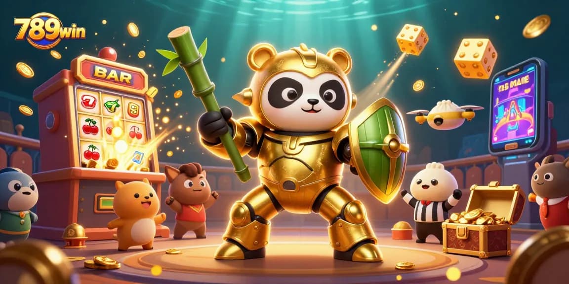 Engage with the vibrant 789win casino scene showcasing a golden panda in a mech-suit battling with dynamic casino elements.