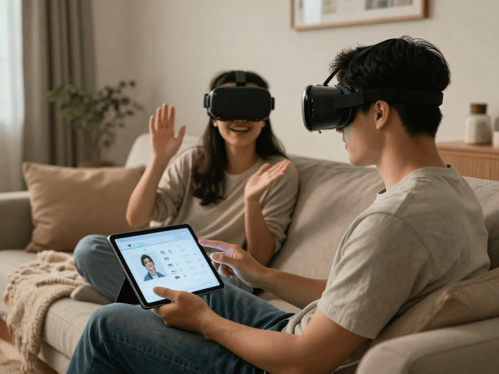 Couple engaging with AI technology in a cozy living room exploring ai sex innovations for enhanced companionship.