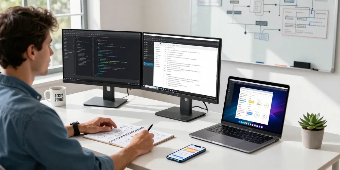 Professional developer using best AI tools in a stylish technology workspace with dual monitors and innovative design software