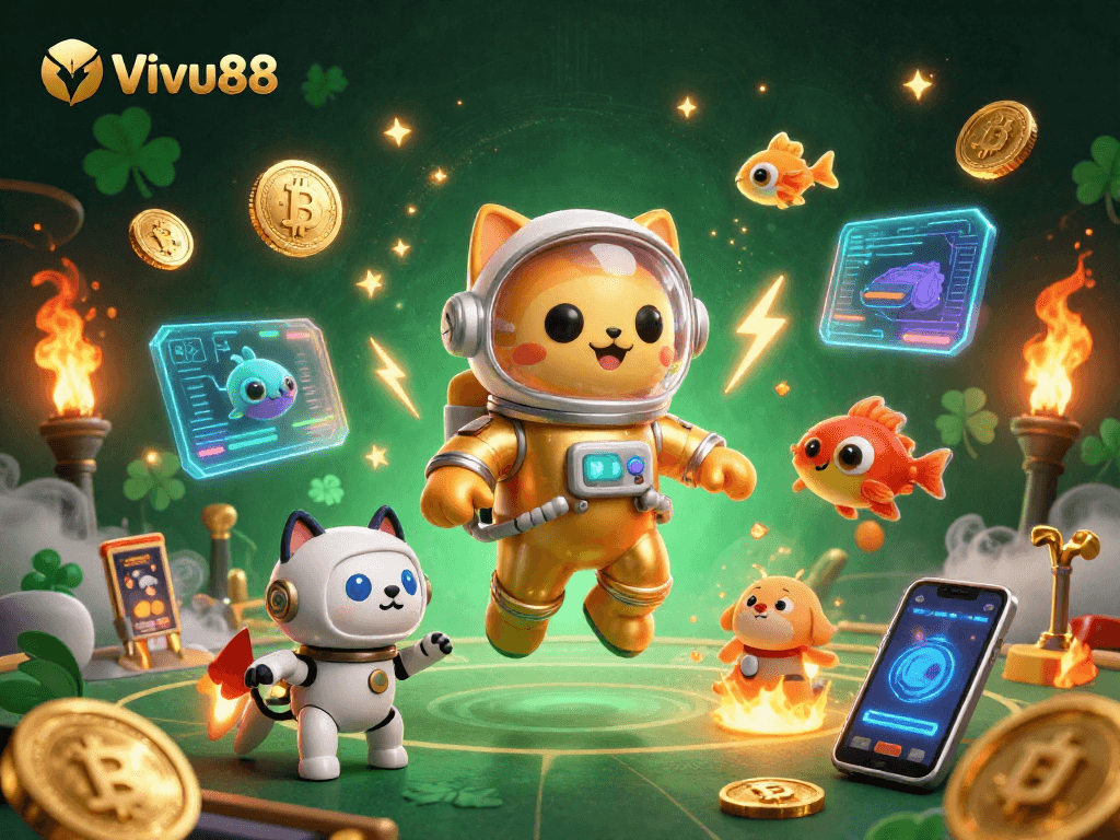 Engage with Vivu88's thrilling gaming scene filled with action, fire, and vibrant characters.