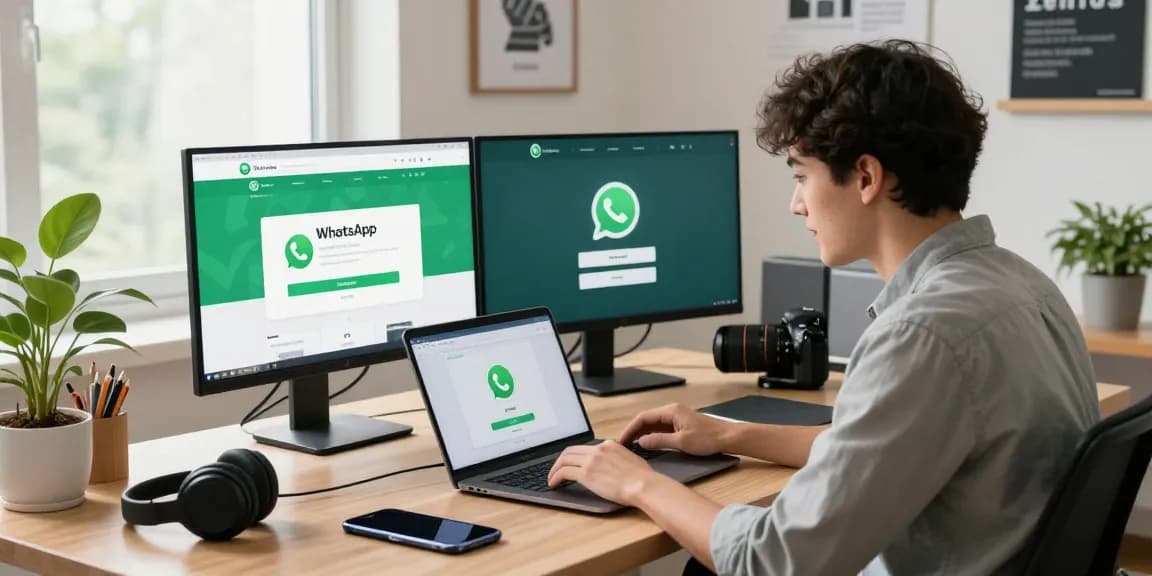 Excited professional downloading WhatsApp下載 on a sleek laptop in a modern office