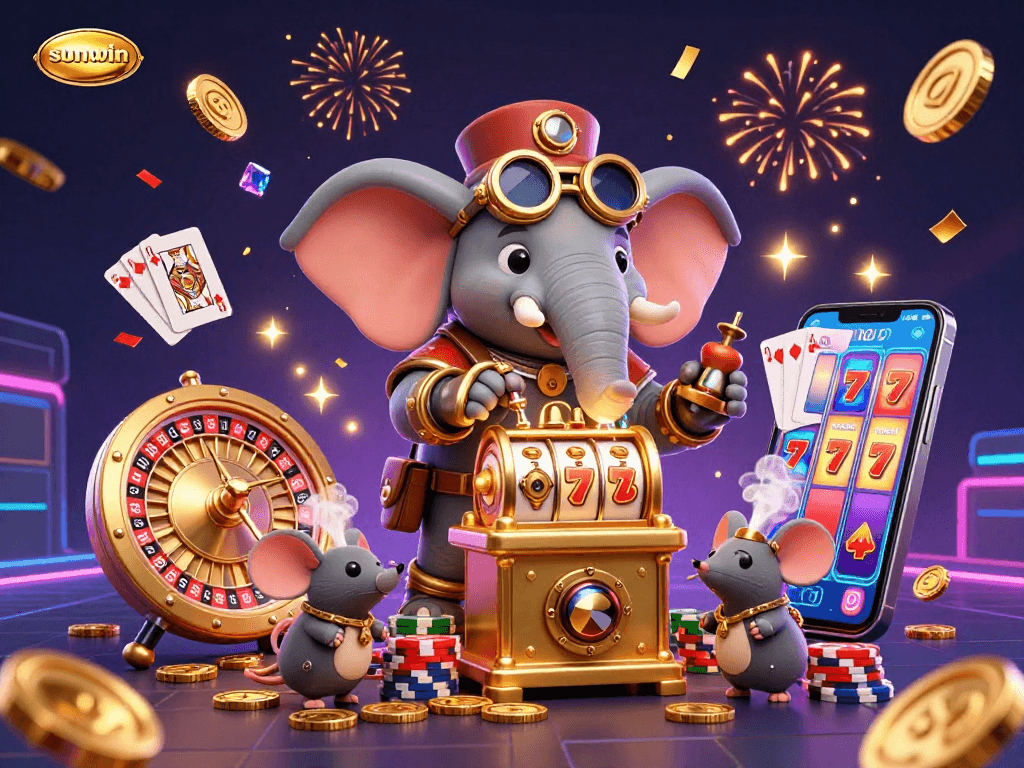 Experience vibrant jackpot wins at sunwin featuring a steampunk elephant and golden slot machine.