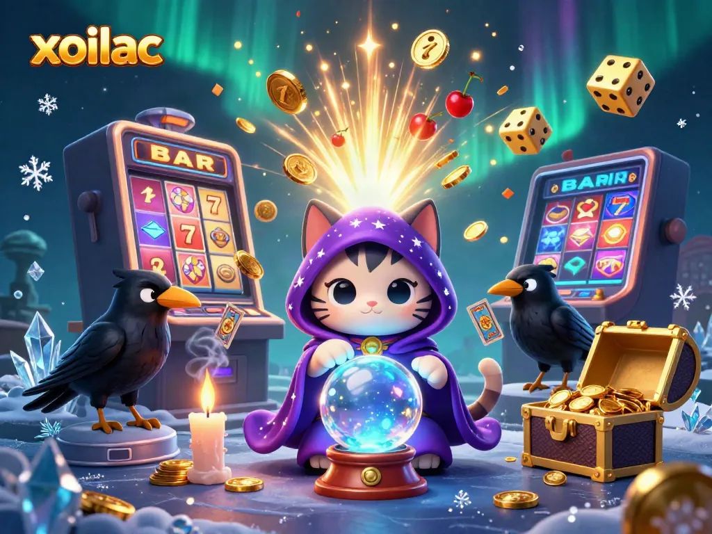 Experience thrilling gameplay with xoilac's magical fortune teller cat and energized casino elements in a lively scene.