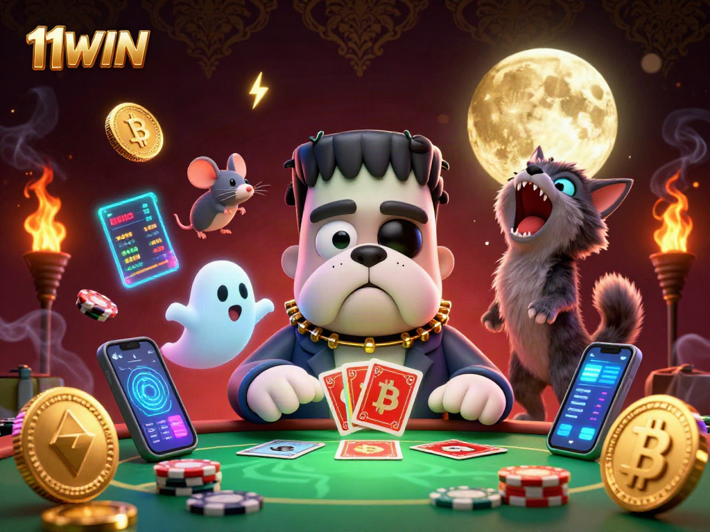 Experience thrilling gameplay with 11WIN as the Frankenstein bulldog deals cards amid glowing crypto coins.