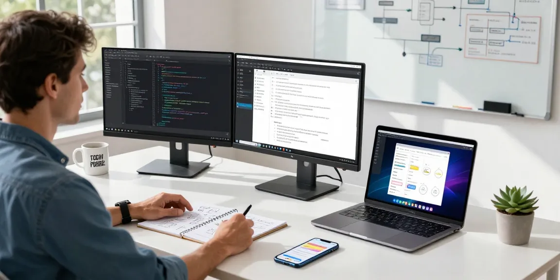 Professional developer using best AI tools in a stylish technology workspace with dual monitors and innovative design software
