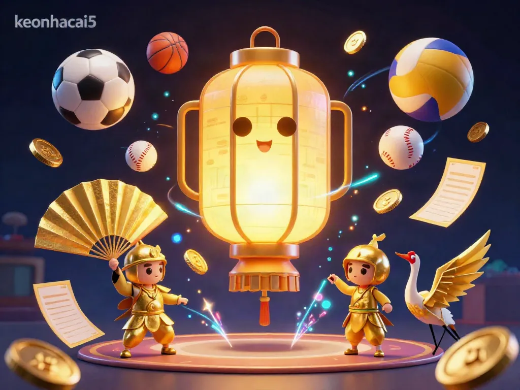 Bet and win with keonhacai5 in this vibrant illustration showcasing dynamic sports betting elements and lucky symbols.