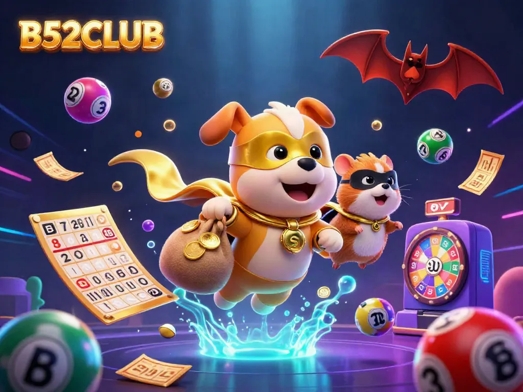 B52CLUB superhero dog and hamster amid a vibrant casino-themed scene with colorful elements.