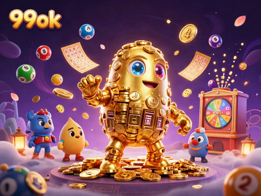 Engage with 99ok's vibrant casino world featuring a golden golem amidst lottery excitement.