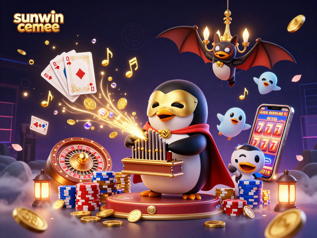 Engage with the vibrant world of sunwin cemee featuring a charming penguin and dynamic casino symbols.
