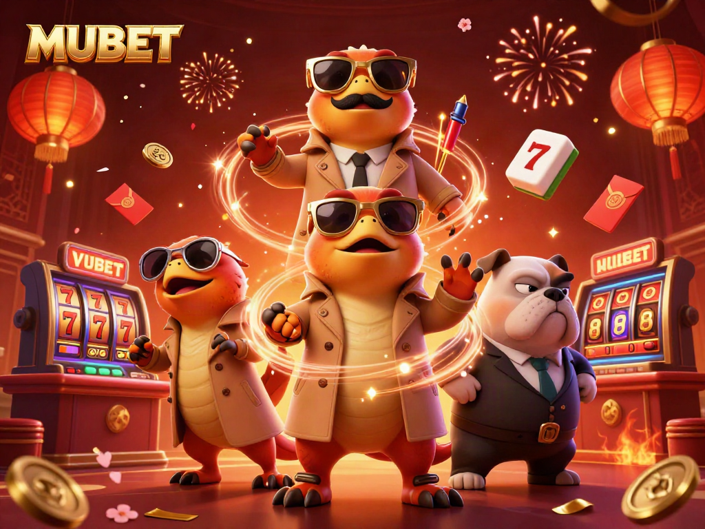 MUBET's thrilling VIP casino lounge scene featuring raptors and a bulldog bouncer.