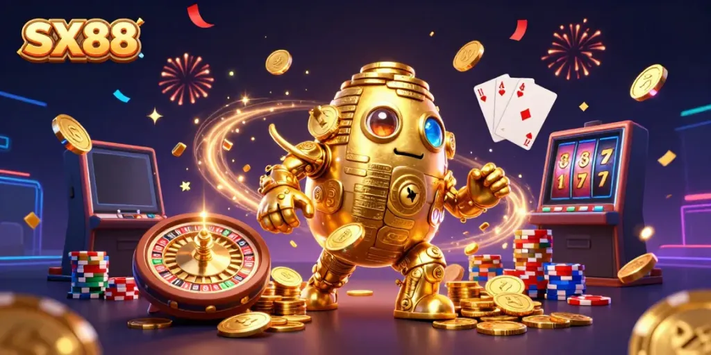 SX88: Experience the vibrant energy of the casino world with a golden golem and roulette action.