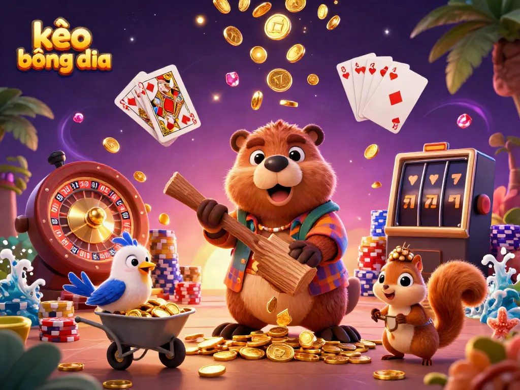Experience kèo bóng đá excitement with a beaver and friends amid floating casino elements in a vibrant scene.