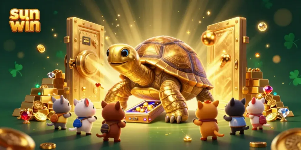 Engage with sun win as excited players enjoy a lively 3D gambling scene with treasures and vibrant colors.