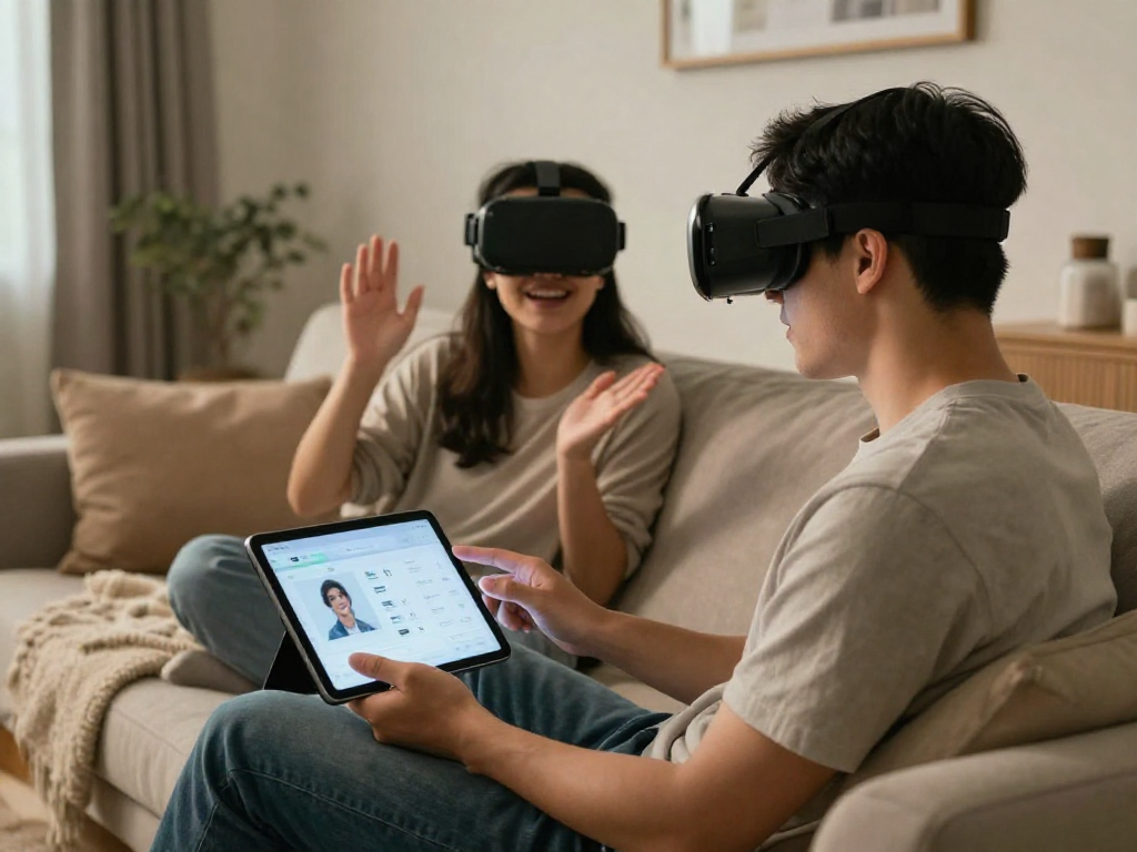 Couple engaging with AI technology in a cozy living room exploring ai sex innovations for enhanced companionship.