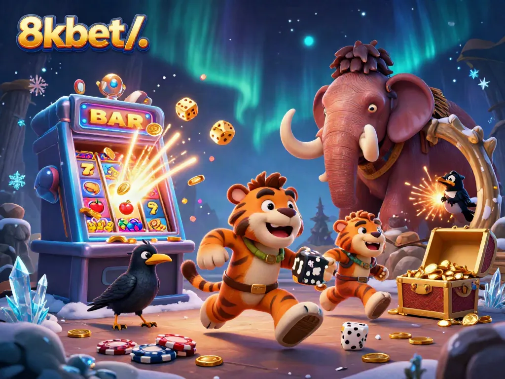 Experience the excitement of 8xbet/。 with a playful prehistoric casino scene featuring cartoon characters and festive elements.