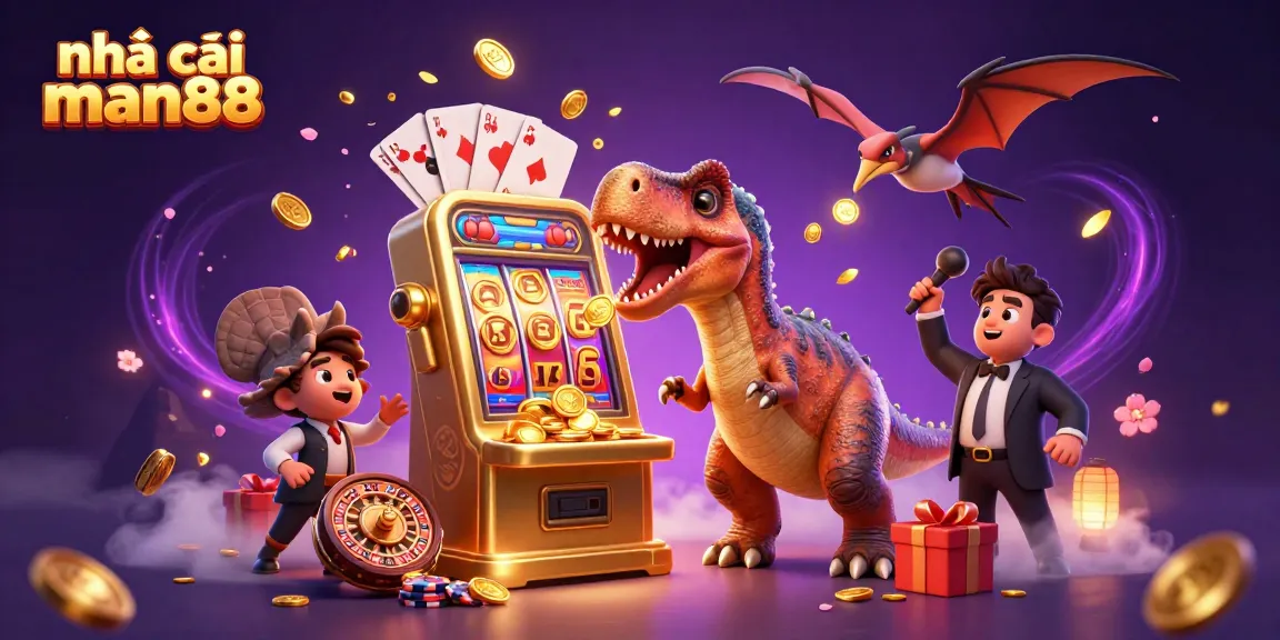 Experience the excitement at nhà cái man88 with cartoon dinosaurs in a flashy casino scene.
