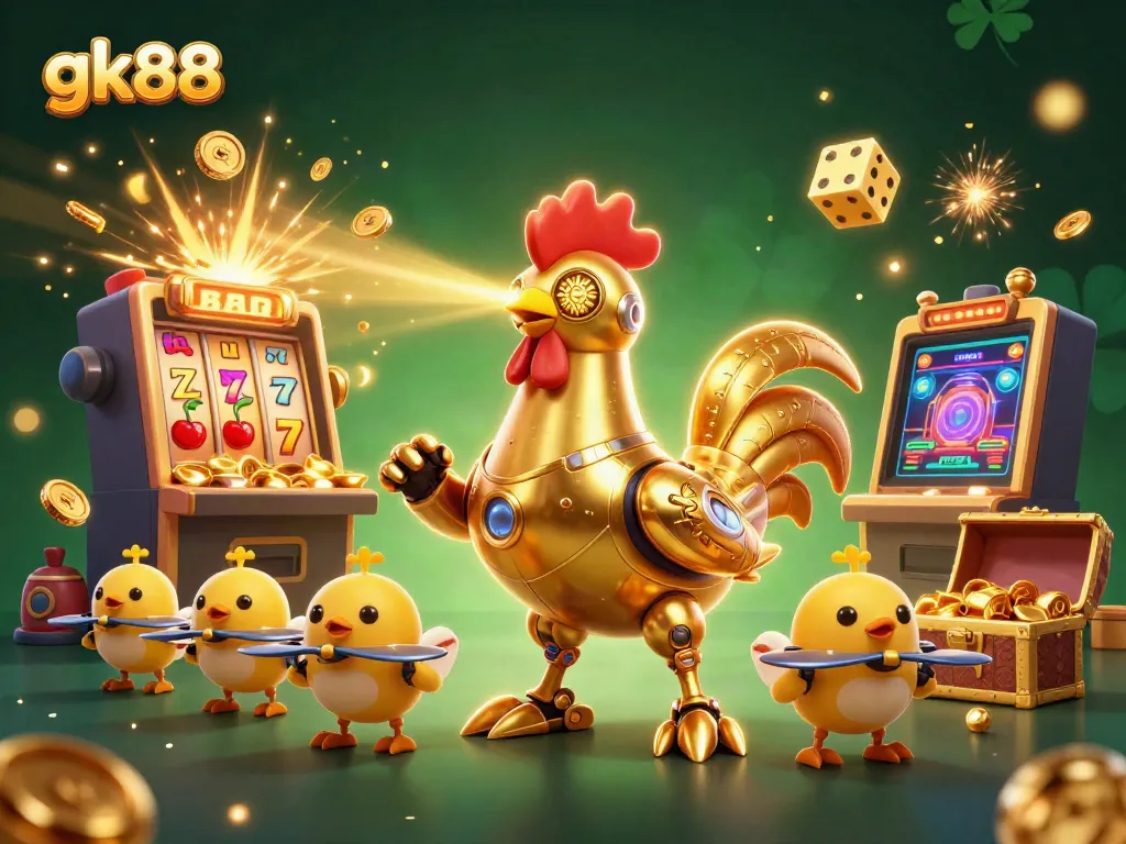 Engage in thrilling gameplay at gk88 with vibrant illustrations, slot machines, and golden rewards.
