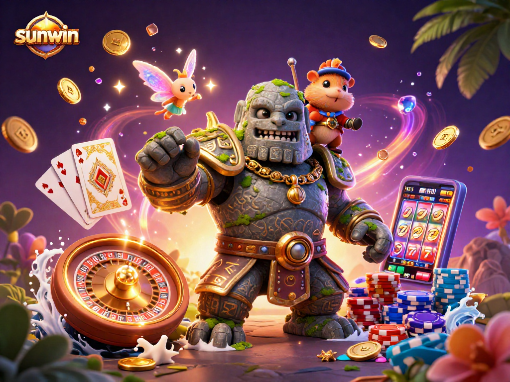 Join the sunwin adventure with a golem guardian and his magical companions in a vibrant casino scene.